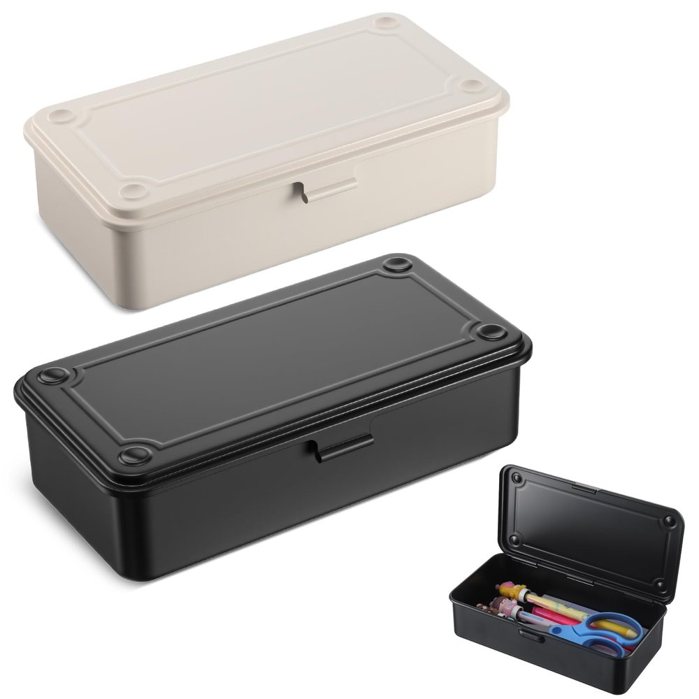 2 pcs Steel Storage Box with Hinged Lid, Metal Container for Scrapbook Stamps, Rectangular Empty Hinged Tool Box, Metal Storage Organizer for Pegs, Pens, Stationary (8 X 4 X 2 Inch)