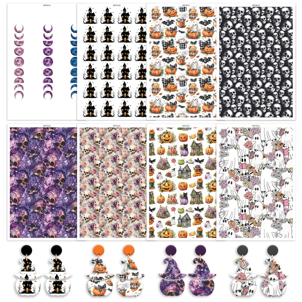 8 Pcs Halloween Transfer Paper for Polymer Clay, Skull Pumpkin Ghost Moon Spiders Pattern Water Transfer Sheet for Polymer Clay, Water Soluble Transfer Sheet for Earrings Jewelry Making 5.8X3.9 in
