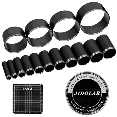 JIDOLAR 15 Pieces Leather Circle Cutter Tool Set, Hole Punch Tools with 5 6 8 10 11 12 16 20 22 25 30 35 40 45 50mm, High Carbon Steel Round Cutting Dies, Hole Punch Tool Kit for DIY Leather Crafts