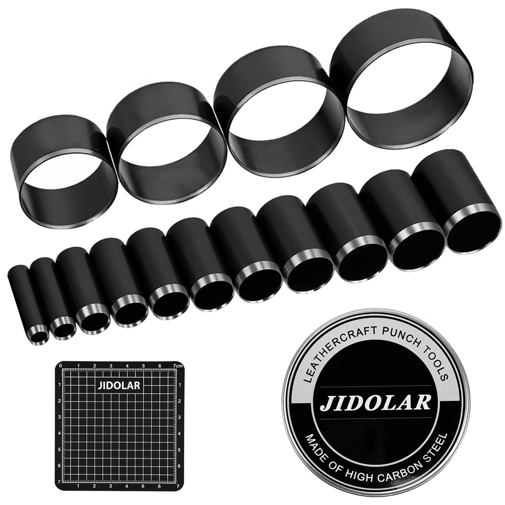 JIDOLAR 15 Pieces Leather Circle Cutter Tool Set, Hole Punch Tools with 5 6 8 10 11 12 16 20 22 25 30 35 40 45 50mm, High Carbon Steel Round Cutting Dies, Hole Punch Tool Kit for DIY Leather Crafts