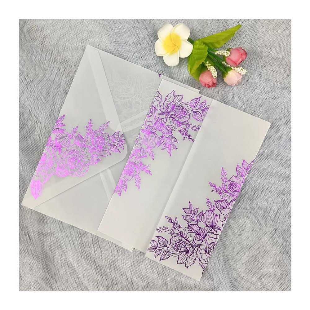 Invitation Sleeves 50X Vellum Wedding Invitations Cards Rose Gold Foil Bridal Shower Invite Envelopes Gilding Silver Stamping Foil Birthday Party(Dark purple,Blank Set)