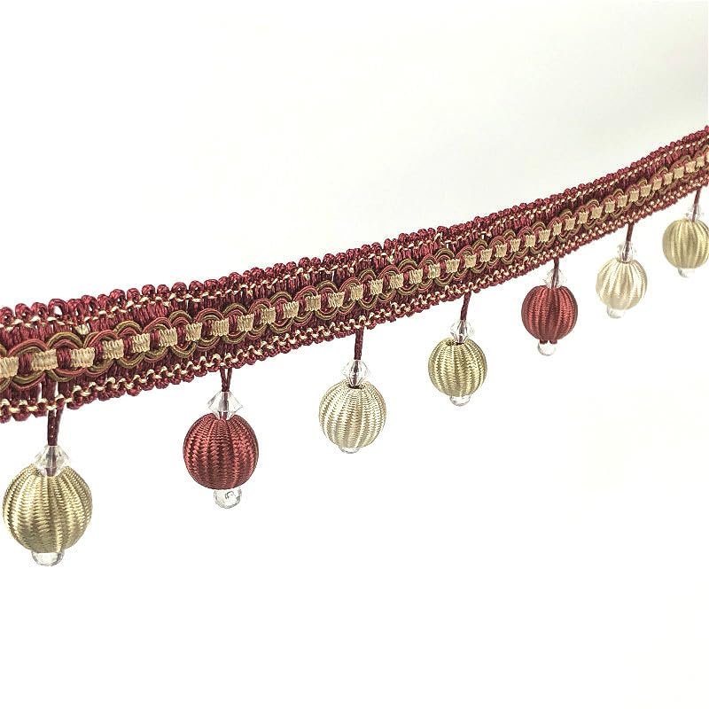 1pc 12 Yards Elegant Beaded Ball Tassel Trim for Home Decor - Decorative Ribbon for Curtains, Sofas, and Lampshades(Red,1 Yard)