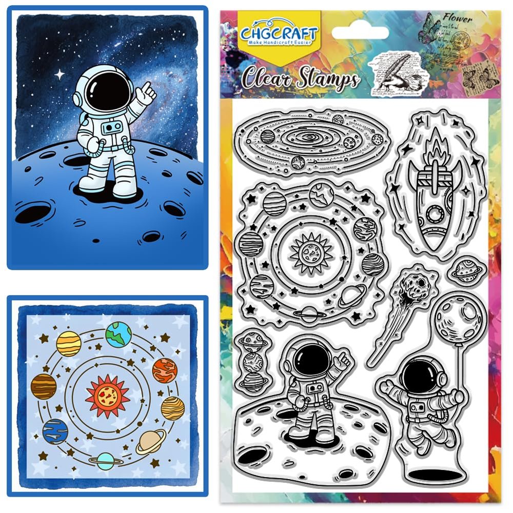 CHGCRAFT Astronaut Clear Stamps Galaxy Transparent Stamps Planet Silicone Clear Stamp Seals for DIY Scrapbooking Photo Album Decoration, 4.36.3 inch