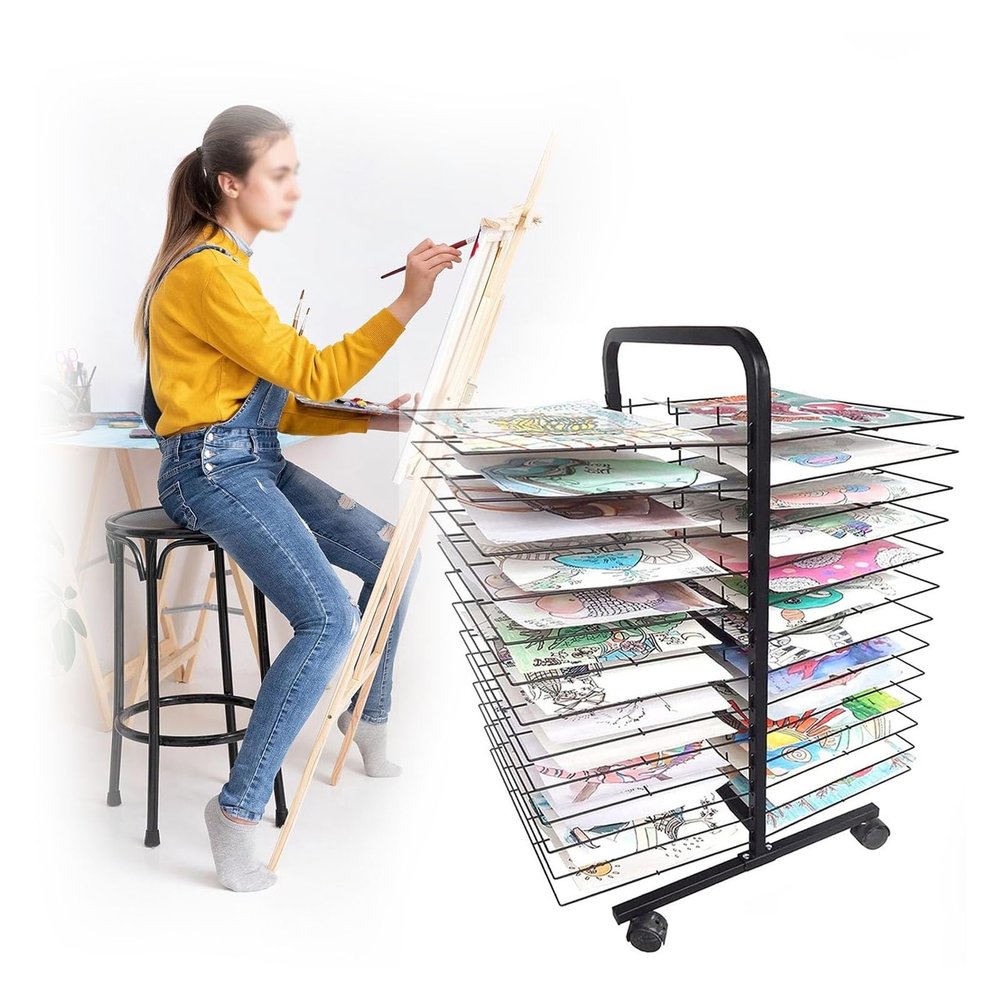 Art Drying Rack, Metal Paint Drying Stand With 25 Removable Shelves, Movable Rack With Lockable Wheels Drying Rack Artwork Shelf For Classrooms,and Home Use(50-layer)