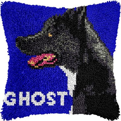 Black Dog Latch Hook Kits Pillow DIY Pillowcase Crochet Hook Cushion Making Kits with Preprinted Pattern Canvas Instruction Yarns Pillow Cover Easy Starter DIY Crochet Kits 43x43cmf180