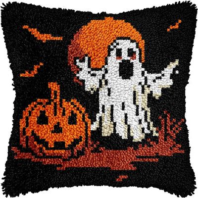 Spooky Ghost & Pumpkin Latch Hook Kits Pillow DIY Pillowcase Crochet Hook Cushion Making Kits with Preprinted Pattern Canvas Instruction Yarns Pillow Cover Easy Starter DIY Crochet Kits 43x43cmf267