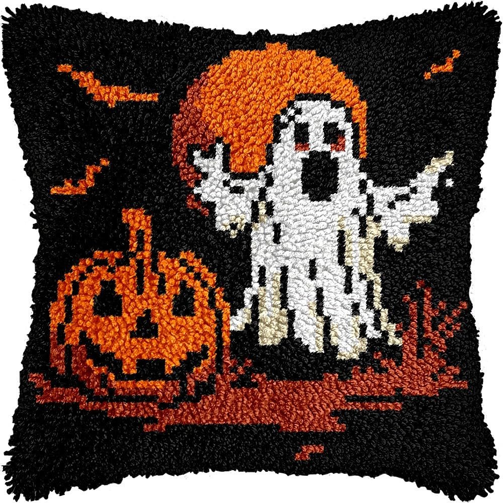 Spooky Ghost & Pumpkin Latch Hook Kits Pillow DIY Pillowcase Crochet Hook Cushion Making Kits with Preprinted Pattern Canvas Instruction Yarns Pillow Cover Easy Starter DIY Crochet Kits 43x43cmf267
