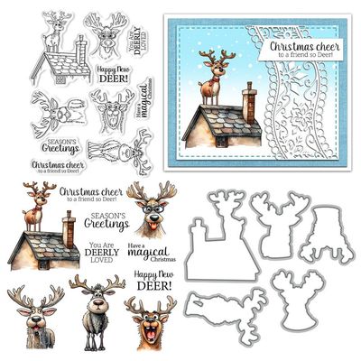 Christmas Funny Deer Stamps and Die Cuts for Card Making House Transparent Silicone Clear Stamp and Metal Cutting Dies Sets for DIY Scrapbooking Paper Crafting Seals Decorative Supplies