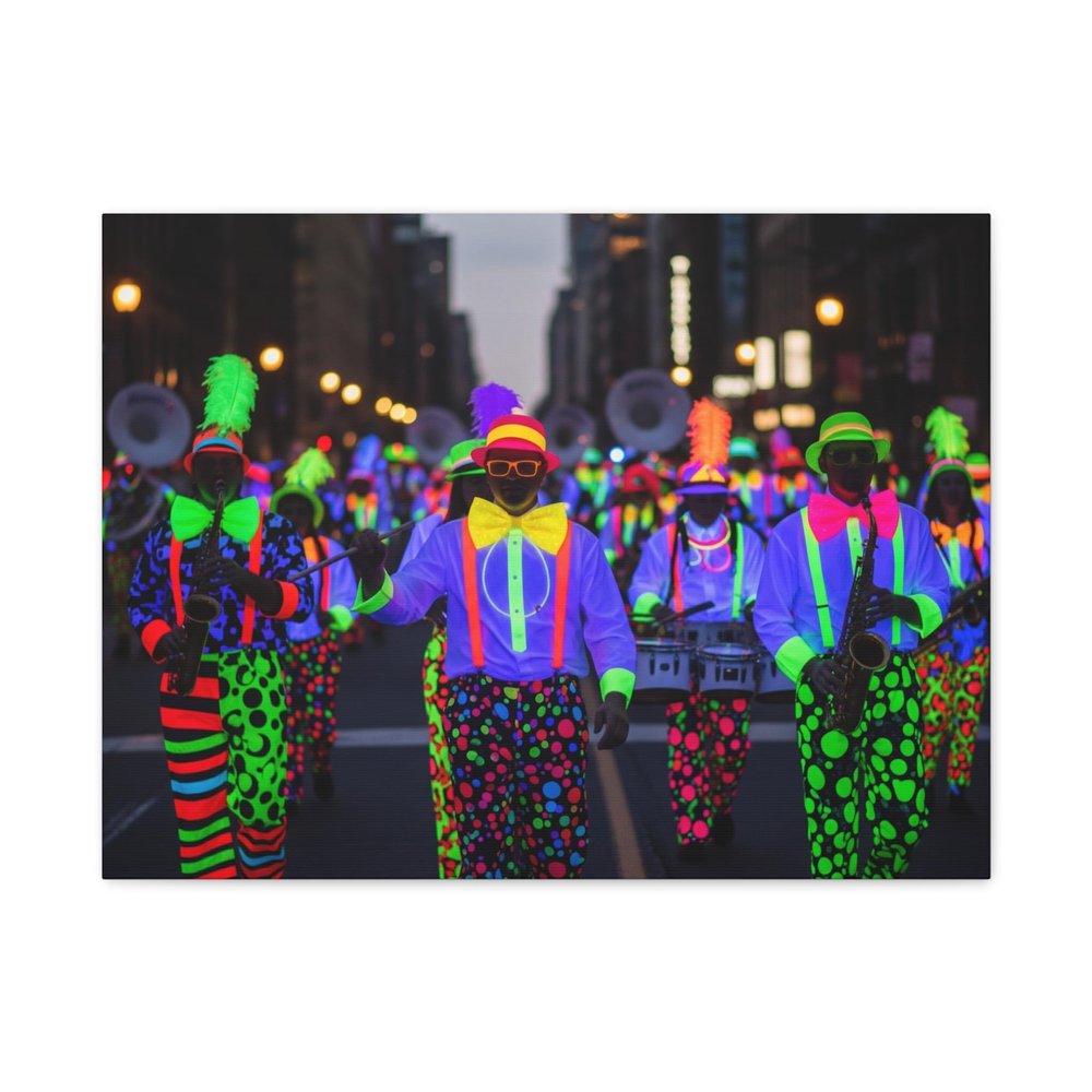 A Marching Band in Mismatched Neon Uniforms - Made in USA - 24 * 18 Inch Matte Canvas Wall Art