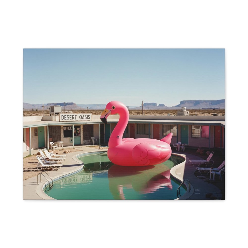 A Giant Inflatable Flamingo in a Desert Motel Pool - 24 * 18 Inch Matte Canvas Wall Art - Made in USA