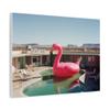 A Giant Inflatable Flamingo in a Desert Motel Pool - 24 * 18 Inch Matte Canvas Wall Art - Made in USA view 2