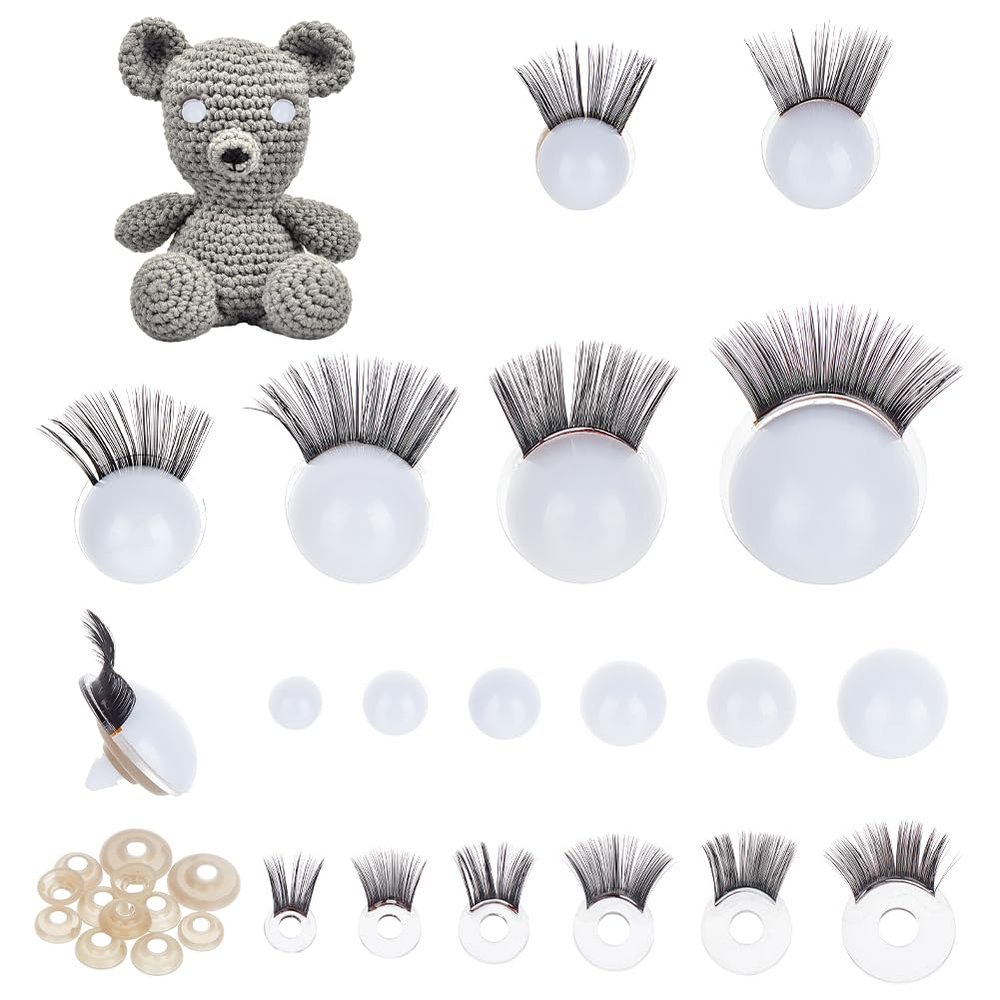 PH PandaHall 12 Sets White Safety Eyes with Eyelashes, Crochet Eyes 6 Sizes Animal Eye Plastic Craft Eye with Washer for Amigurumi Teddy Bear Plush Crocheting Crafts Decor 12/14/16/18/20/24mm
