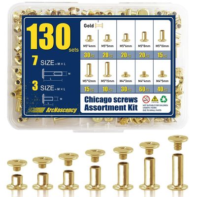 ArcNascency 130 Sets Gold Chicago Screws Leather Rivets Kit, 7 Sizes (M5*4,5,6,8,10,12,15) & 3 Screw Lengths (M4*3,4,5) for Belts, Bookbinding, DIY Leather (Gold)