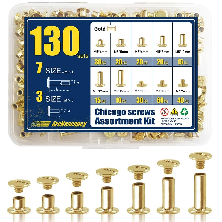 ArcNascency 130 Sets Gold Chicago Screws Leather Rivets Kit, 7 Sizes (M5*4,5,6,8,10,12,15) & 3 Screw Lengths (M4*3,4,5) for Belts, Bookbinding, DIY Leather (Gold)