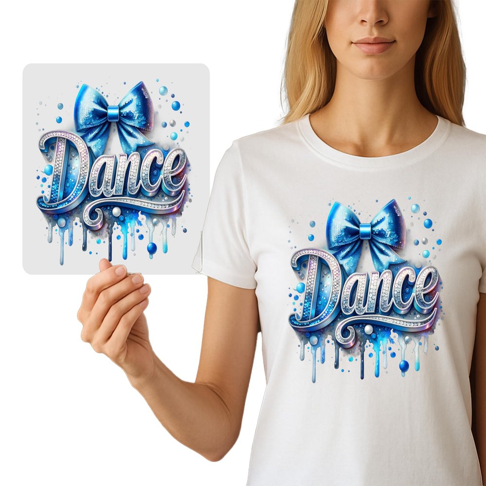 Dance Iron-On Graphic for Glam DIY Apparel - Ready-to-Press DTF Heat Transfer with Rhinestones & Blue Bow for Dance Enthusiasts