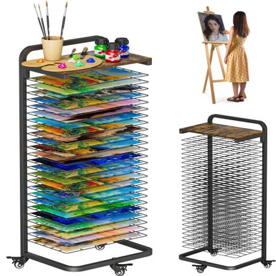 mocomax Art Drying Rack with Top Board, Mobile Painting Drying Stand with 25 Removable Shelves, Functional Art Canvas Storage Rack with Lockable Wheels for Classrooms & Art Studios, Black