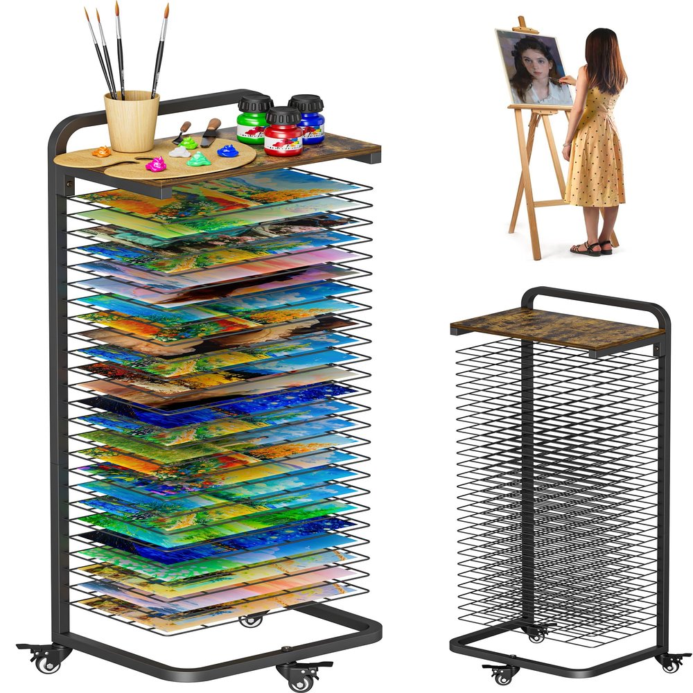 mocomax Art Drying Rack with Top Board, Mobile Painting Drying Stand with 25 Removable Shelves, Functional Art Canvas Storage Rack with Lockable Wheels for Classrooms & Art Studios, Black