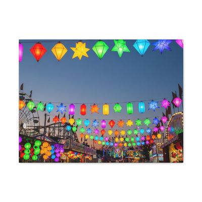 A Neon Carnival Glowing Rainbow Lanterns Matte Canvas Wall Art 24 * 18 inch Made in USA