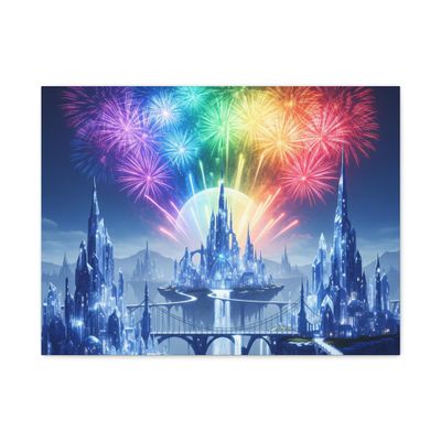A Rainbow Fireworks Show Over a Crystal City - Matte Canvas Wall Art 24 * 18 inches - Made in USA