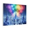 A Rainbow Fireworks Show Over a Crystal City - Matte Canvas Wall Art 24 * 18 inches - Made in USA view 2