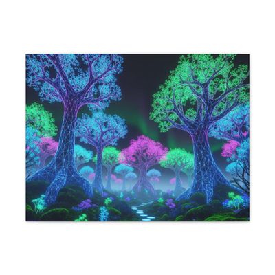 A Glowing Fractal Neon Forest - Matte Canvas Wall Art 24 * 18 Inches - Made in USA