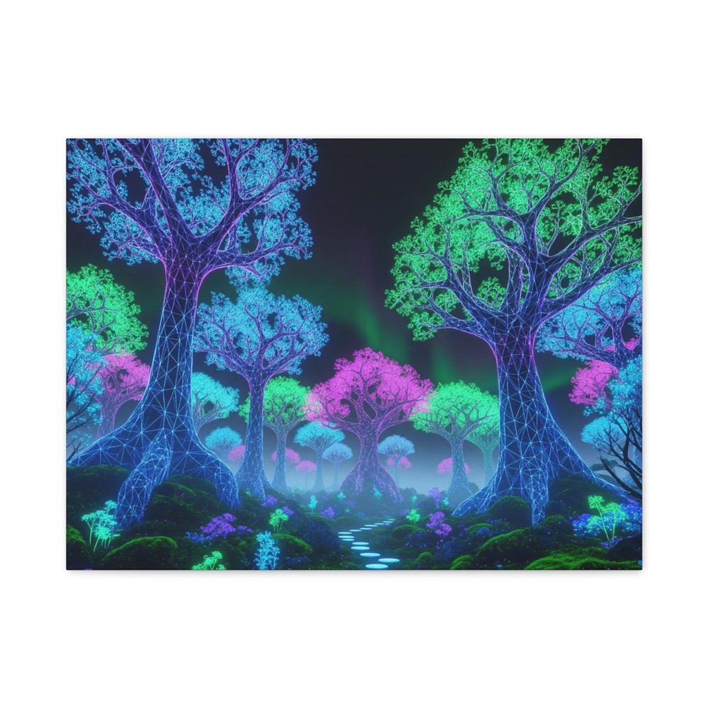A Glowing Fractal Neon Forest - Matte Canvas Wall Art 24 * 18 Inches - Made in USA