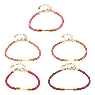 FASHEWELRY 5 Pcs Round Braided Imitation Leather Cord Bracelet Pink Red Adjustable Cord Bracelets Friendship Boho Bracelet with Golden Bar for DIY Jewelry Making (7.17 inch)