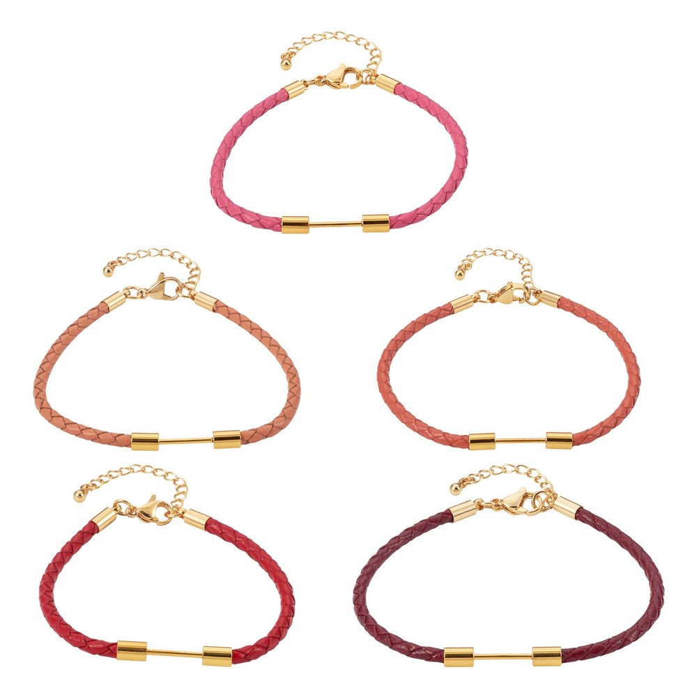 FASHEWELRY 5 Pcs Round Braided Imitation Leather Cord Bracelet Pink Red Adjustable Cord Bracelets Friendship Boho Bracelet with Golden Bar for DIY Jewelry Making (7.17 inch)