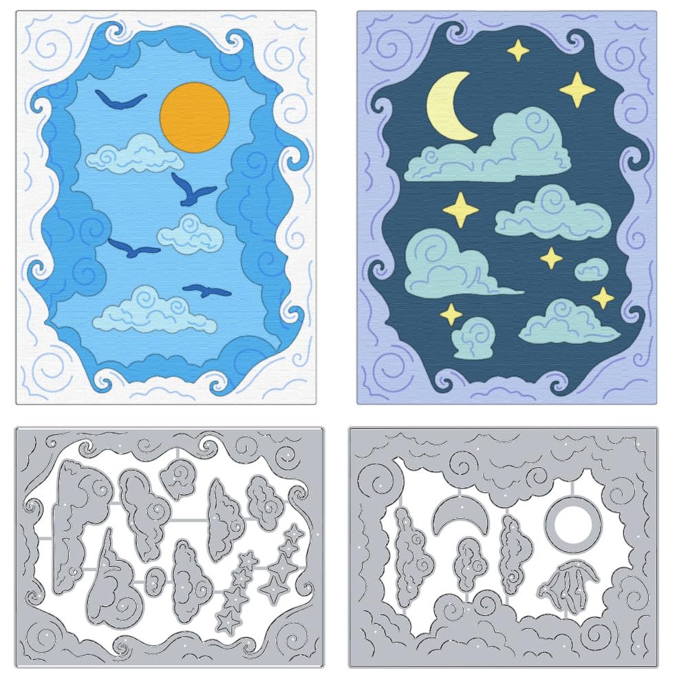 DELORIGIN Clouds Border Cutting Dies Sun Moon Flying Pelican Card Making Die Stencil Carbon Steel Die Cuts Card Scrapbooking Embossing Template for Greeting Card Paper Craft Album Invitation Decor
