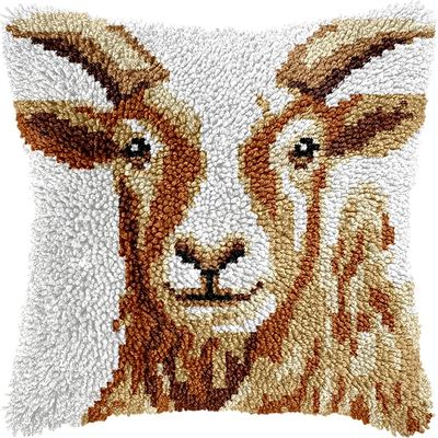 Bcdfgybcaxn Latch Hook Kits Pillow,Pre-Printed Cushion Cover,Animal Sheep Goat,Needlepoint Cross Stitch Kits,Latch Hook Cushion Cover Hobby & Crafts,17x17in