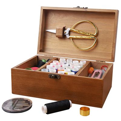 Classic Wooden Sewing Kit Set for Novices, Comprehensive Sewing Tools with Scissors, Thread Spools, Needles, Buttons, Convenient for Travel and Organization