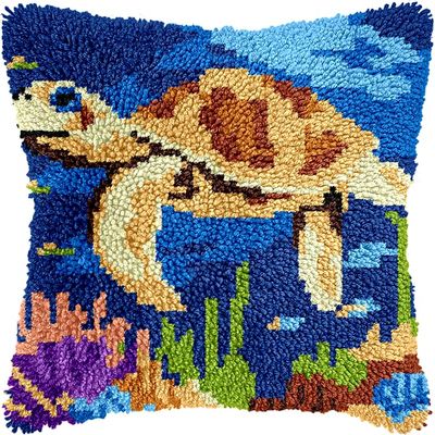 Bcdfgybcaxn Undersea Landscape Latch Hook Kits for Adults,Animal Turtle,DIY Pillowcase Hook and Latch Kit,Embroidery Needlework Cushion Cover,17x17in