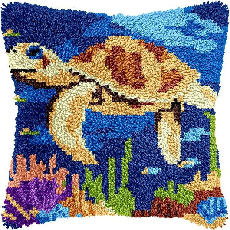 Bcdfgybcaxn Undersea Landscape Latch Hook Kits for Adults,Animal Turtle,DIY Pillowcase Hook and Latch Kit,Embroidery Needlework Cushion Cover,17x17in