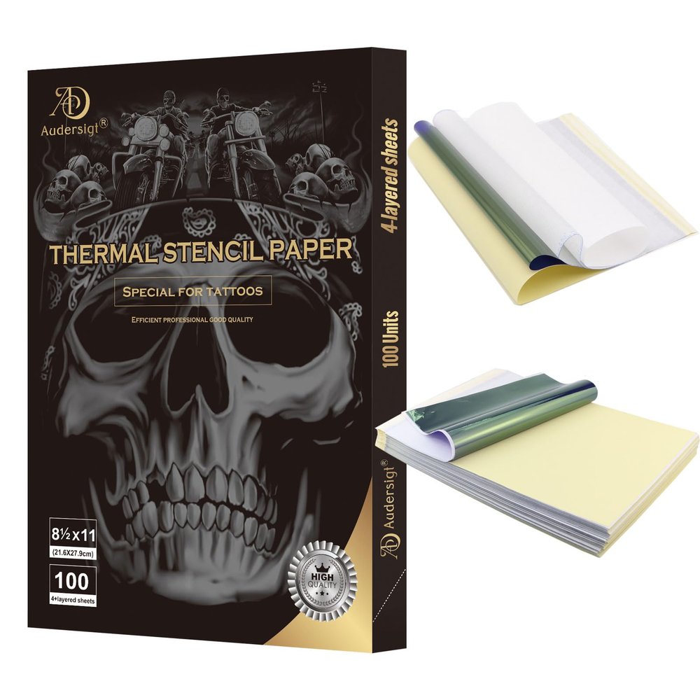 100 Sheets Tattoo Transfer Paper -Audersigt Silver Label 4 Layers 8 1/2" X 11" DIY Tattoo Thermal Transfer Paper Tattoo Thermal Copy Machine and Hand Drawn Stencils Compatible
