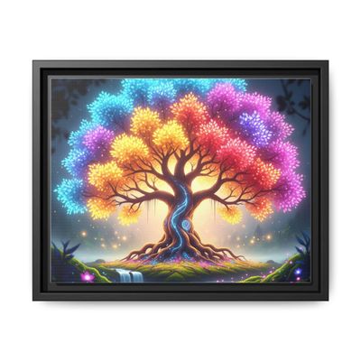 A Glowing Tree of Life with Multicolored Leaves - Premium Pinewood Frame Framed Canvas Wall Art