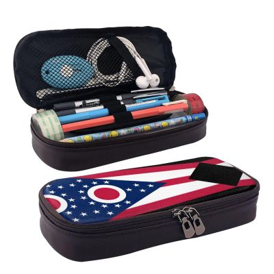 BOXILTD Ohio State Flag Leather Pencil Case - Multi Purpose Pencil Case With Zipper Closure A Cute Pen Holder Suitable For Work
