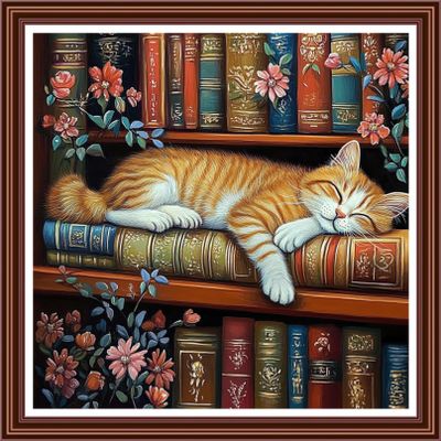 Dimensean Counted Cross Stitch Kit for Beginners, 11CT Unprinted Cross-Stitch Kit Easy Patterns Needlepoint Kit Cross Stitching Embroidery Kit Supplies-Bookshelf Cat 18x18 inch