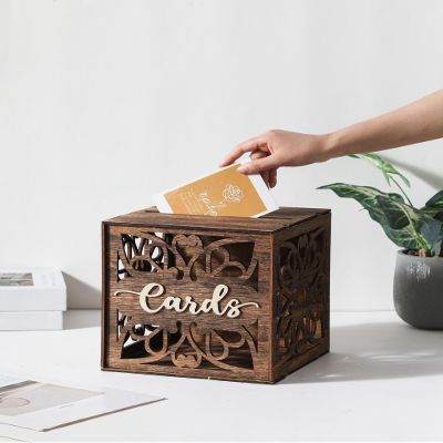 Xhqsulsclac Wedding Card Box with Lid, Wood Gift Card Box for Wedding Reception, Rustic Envelope Money Box for Wedding Party Birthday Bridal Shower Baby Shower Graduation Decorations (8.8x8.8x9.1 in)