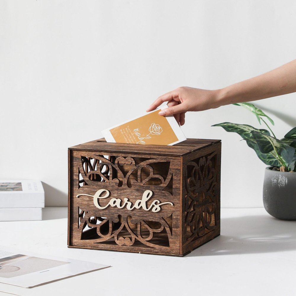 Xhqsulsclac Wedding Card Box with Lid, Wood Gift Card Box for Wedding Reception, Rustic Envelope Money Box for Wedding Party Birthday Bridal Shower Baby Shower Graduation Decorations (8.8x8.8x9.1 in)