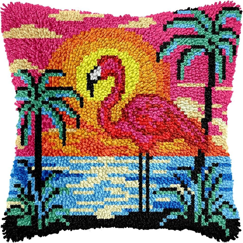 Latch Hook Kits Pillow Kits Flamingo Under Moon Cushion Throw Pillow Embroidery Craft Kits for Beginner DIY Kits of DIY Hooking Pillow Cover Supplier with Printed Canvas 43x43cm (106F)