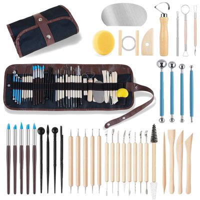 CeeVian 40PCS Clay Sculpting Tools Kit, Pottery Tools Set with Stainless Steel & Wooden Clay Carving Tools, Ball Stylus, Rubber Tip Shapers, Sponge & Storage Bag for Ceramic, Polymer Clay, Sculpting