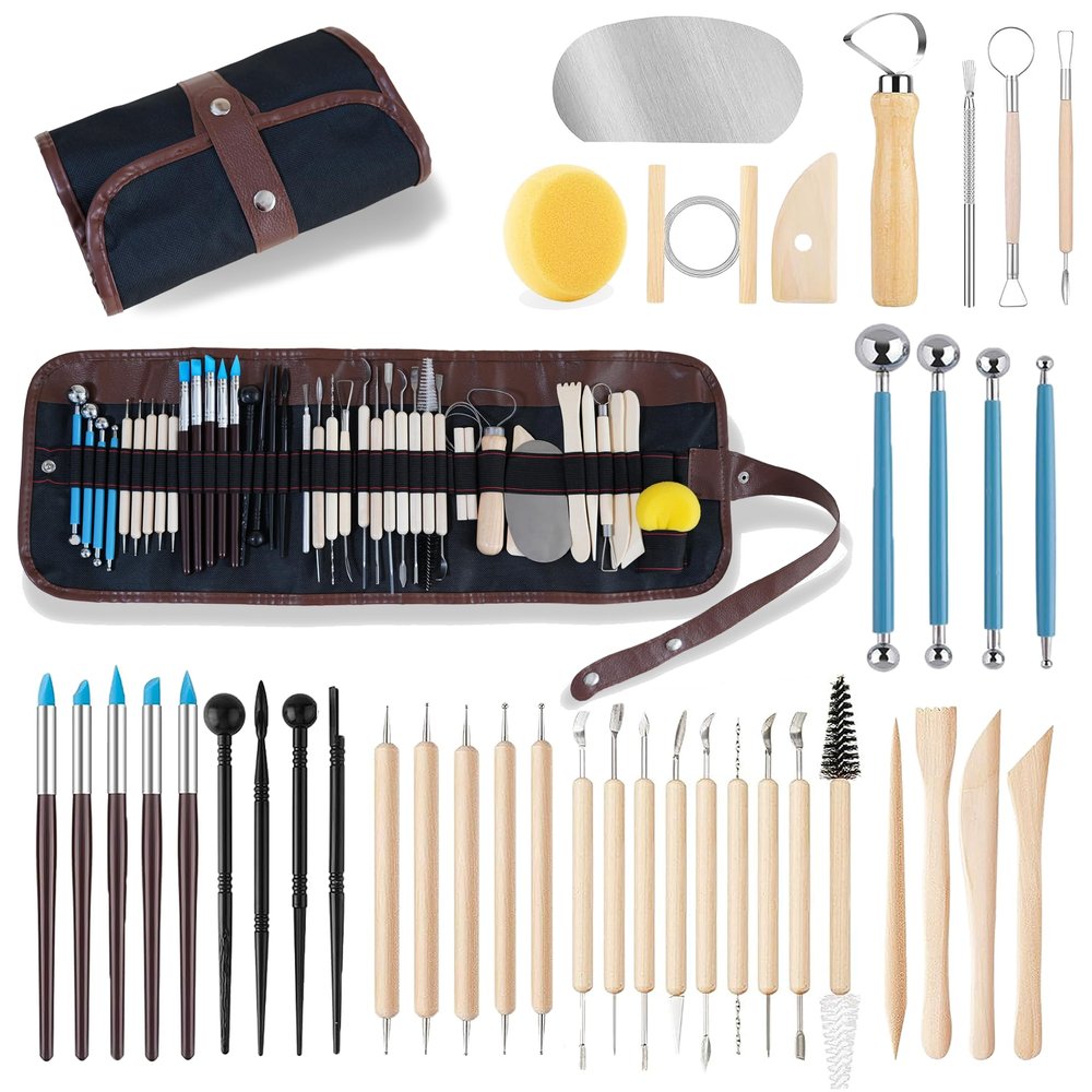 CeeVian 40PCS Clay Sculpting Tools Kit, Pottery Tools Set with Stainless Steel & Wooden Clay Carving Tools, Ball Stylus, Rubber Tip Shapers, Sponge & Storage Bag for Ceramic, Polymer Clay, Sculpting