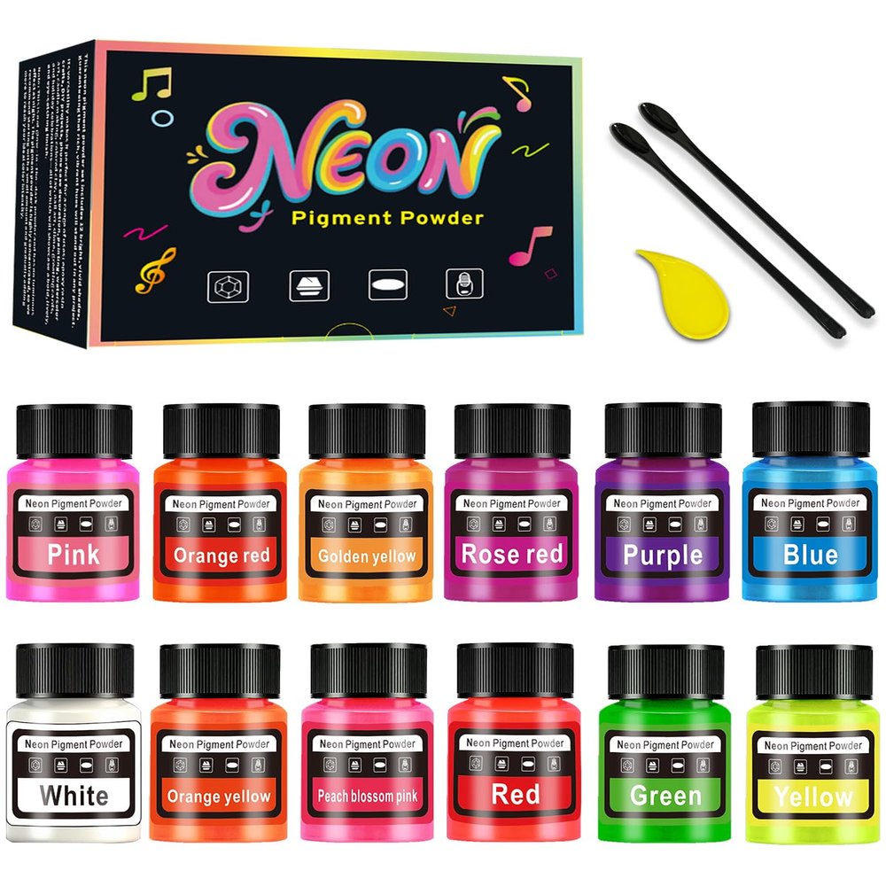 Luckymica Neon Pigment Powder - Vibrant Fluorescent Epoxy Resin Pigment Powder, Non-Toxic Neon Colorant for Nail Art, Slime, Painting, Bath Bombs, Candle Making, Jewelry, DIY Craft, 12 Colors, 20ml