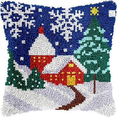 Christmas House Latch Hook Kits Pillow Kits Cushion Throw Pillow Embroidery Craft Kits DIY Kits of DIY Hooking Pillow Cover Supplier with Color Printed Canvas 43x43cm (137)