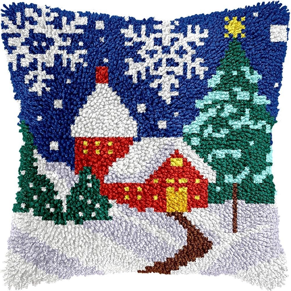 Christmas House Latch Hook Kits Pillow Kits Cushion Throw Pillow Embroidery Craft Kits DIY Kits of DIY Hooking Pillow Cover Supplier with Color Printed Canvas 43x43cm (137)