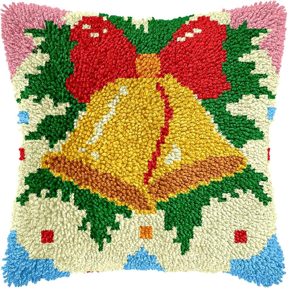 Christmas Bells Latch Hook Kits Pillow Kits Cushion Throw Pillow Embroidery Craft Kits DIY Kits of DIY Hooking Pillow Cover Supplier with Color Printed Canvas 43x43cm (176)