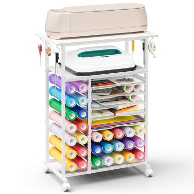 Rolling Craft Storage Cart with 29 Vinyl Roll Holders Craft Organizers and Storage Compatible with Cricut Machines Crafting Table Organization Workstation with Wheels for Craft Room Rustic White