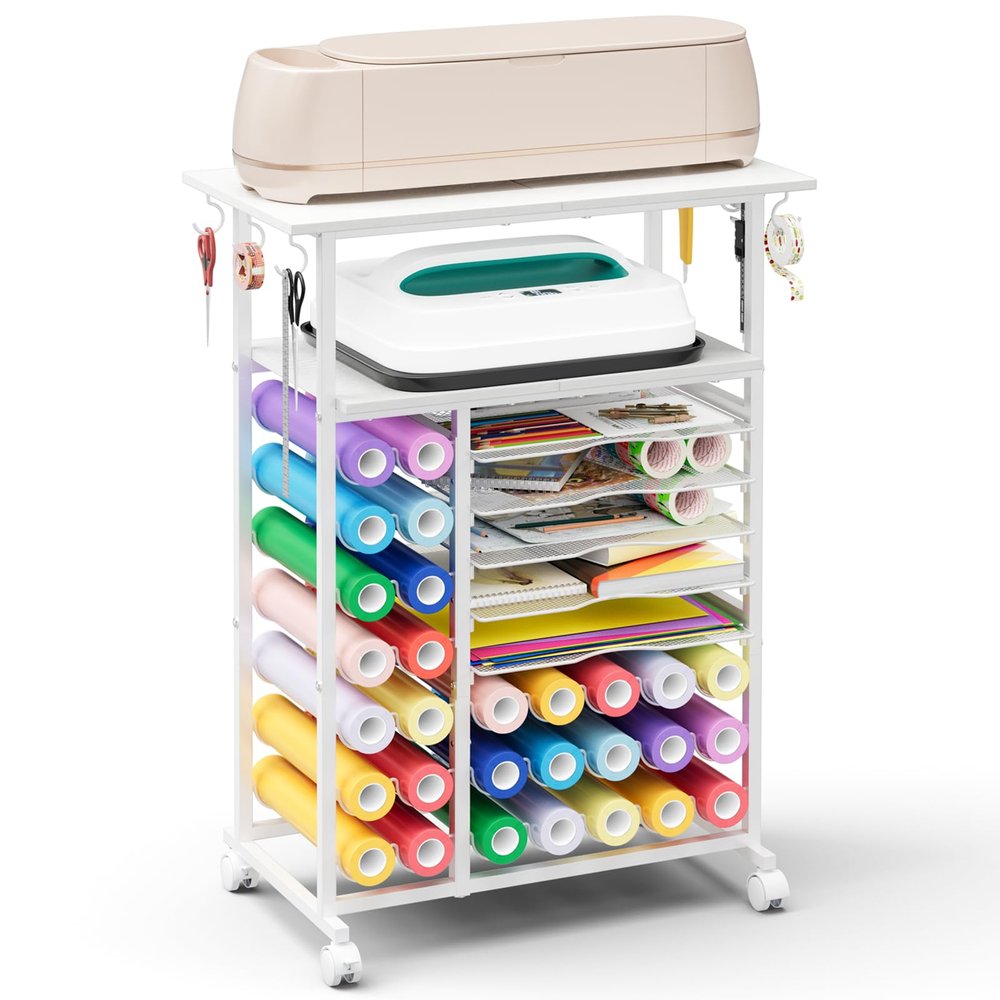 Rolling Craft Storage Cart with 29 Vinyl Roll Holders Craft Organizers and Storage Compatible with Cricut Machines Crafting Table Organization Workstation with Wheels for Craft Room Rustic White