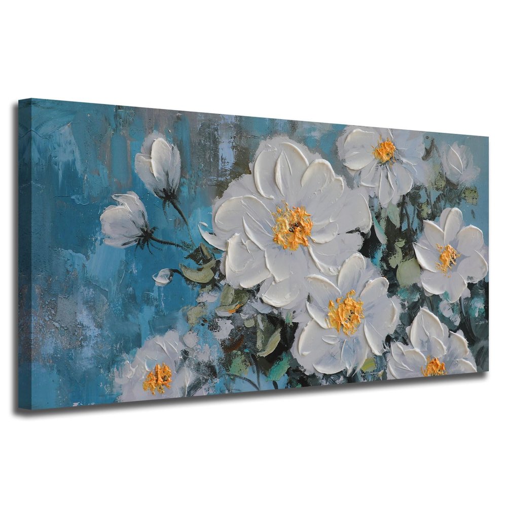 Ateliart White Floral Wall Art for Living Room, Flower Canvas Painting Textured Bedroom Wall Decor, Rustic Teal Background Picture Extra Large Framed Artwork Home Office Dining Room Kitchen 58"x29"