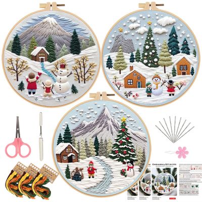 LB Christmas Embroidery Kit for Beginners Adults, 3 Sets Hand Embroidery Starter Kit with Mountain Pattern and Instructions Stamped Cross Stitch Kits Include Embroidery Hoop Needles Threads Scissors